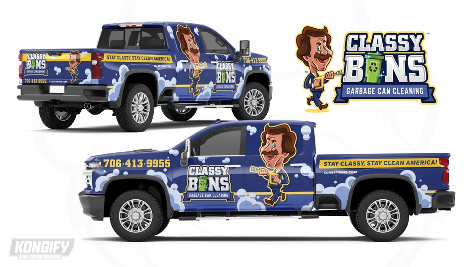 Classy Bins pickup wrap design with a navy background, bubbles, foam shapes, gold stripes, and a large suited mascot.