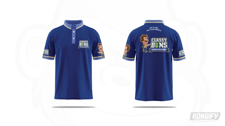 Classy Bins navy polo design with blue and gold trim, a chest logo, sleeve artwork, and a larger back graphic.