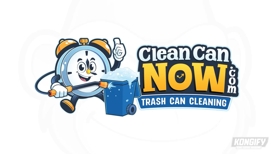 Clean Can Now Trash Can Cleaning logo with a smiling alarm clock spraying a foamy blue bin beside bold gold Now lettering.