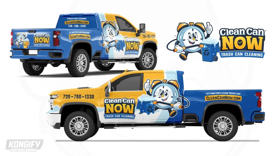 Clean Can Now pickup design with a gold front, blue bed, large clock mascot, white foam graphics, and web address panel.