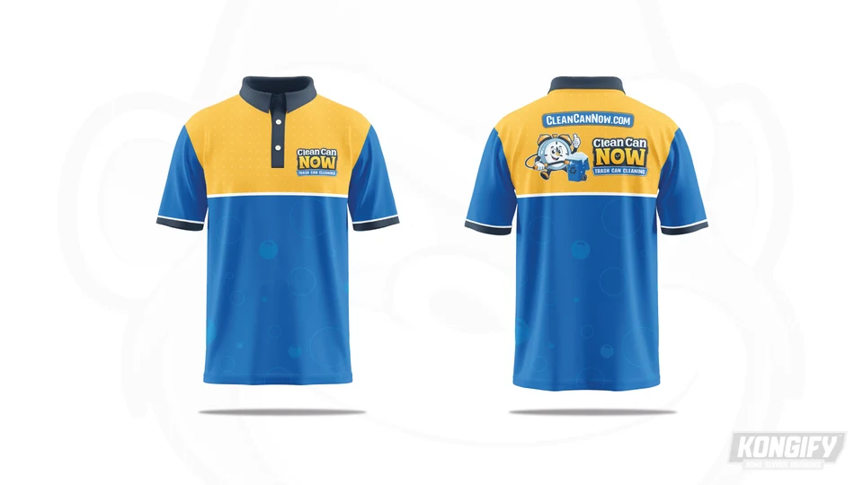 Clean Can Now polo design with a gold upper panel, blue body and sleeves, bubble pattern, and clock logo across the back.