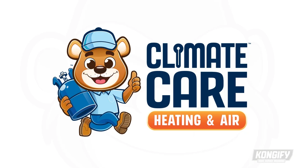 Climate Care Heating & Air logo with a brown bear technician, blue refrigerant tank, thumbs-up, and thermometer lettering.