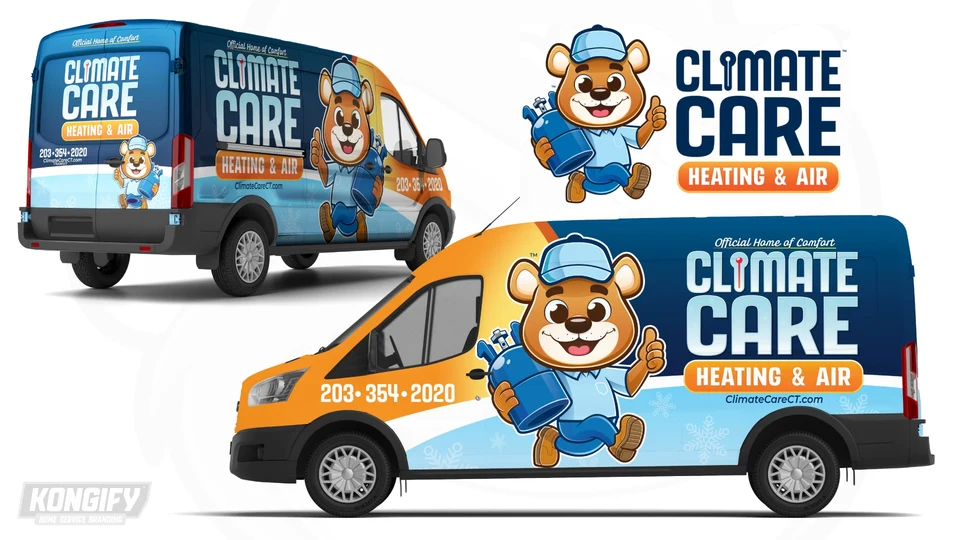 Climate Care van wrap with a large bear, orange front, navy name panel, and light-blue snowflake section.