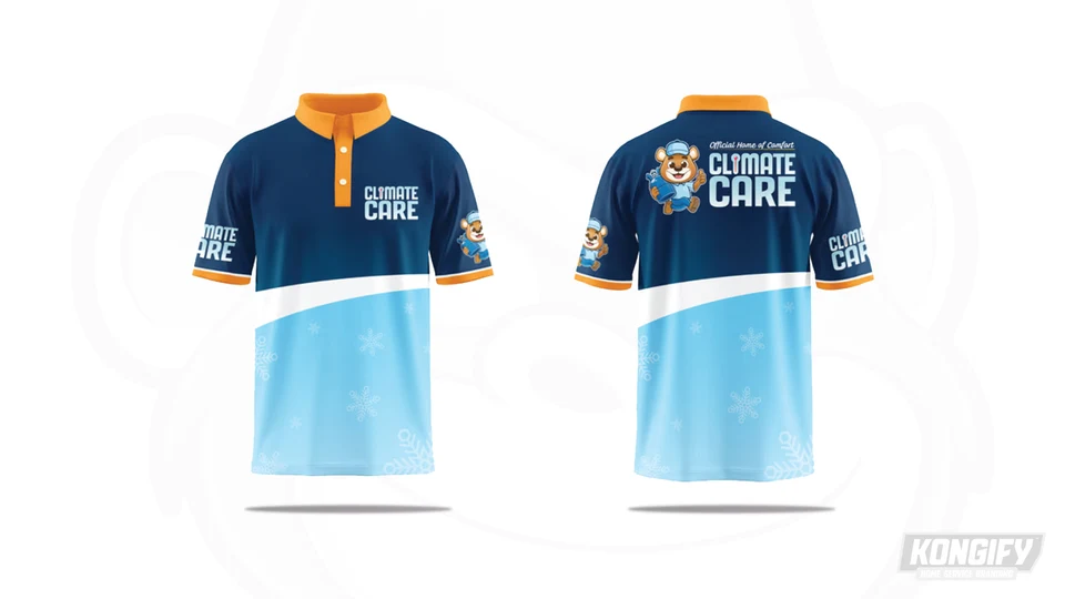 Climate Care polo design with navy shoulders, a light-blue snowflake panel, orange trim, and bear graphic.