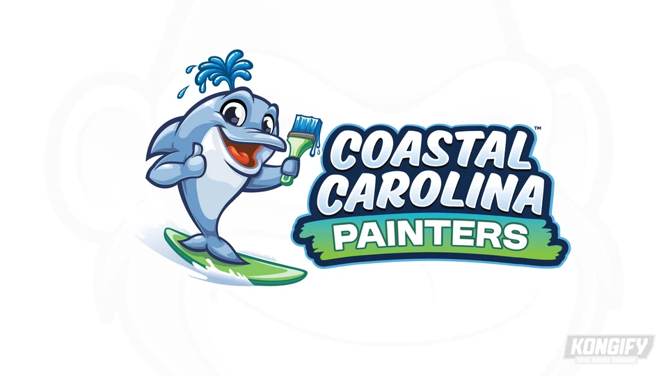 Coastal Carolina Painters logo with a blue dolphin, green surfboard, paintbrush, and brushstroke service line.