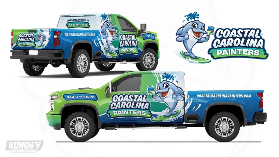 Coastal Carolina Painters pickup wrap with green and blue panels, a white wave, and a large surfing dolphin.