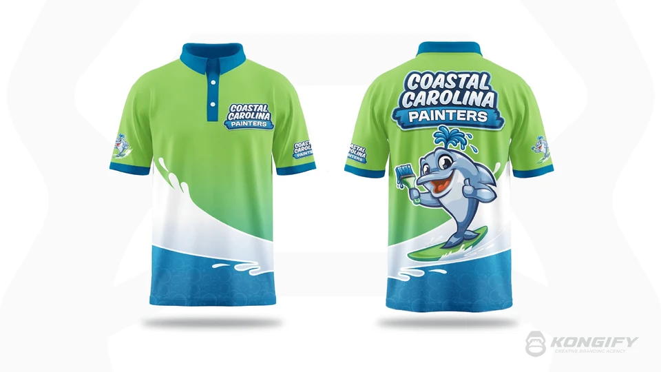 Coastal Carolina Painters polo design with green shoulders, a white wave, blue lower panels, and a dolphin on the back.