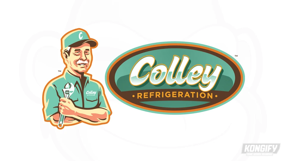 Colley Refrigeration logo with a smiling technician, adjustable wrench, and mint oval badge.