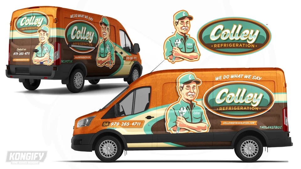 Colley van wrap with an orange top, brown lower panels, mint and cream sweep, and technician mascot.
