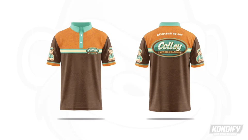 Colley polo design with orange shoulders, a brown body, mint collar, and technician art on the sleeves.