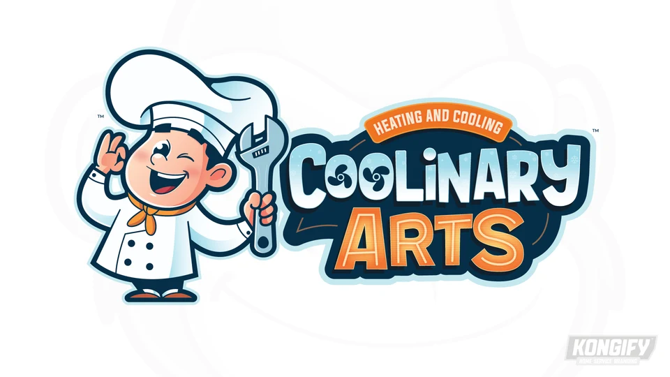 Coolinary Arts Heating and Cooling logo with a chef holding a wrench, fan details, and blue and orange lettering.