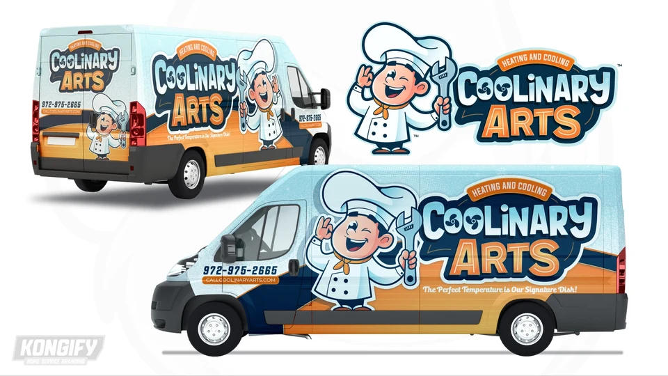 Coolinary Arts van wrap design with a chef mascot, icy blue upper area, orange lower area, and navy curve.