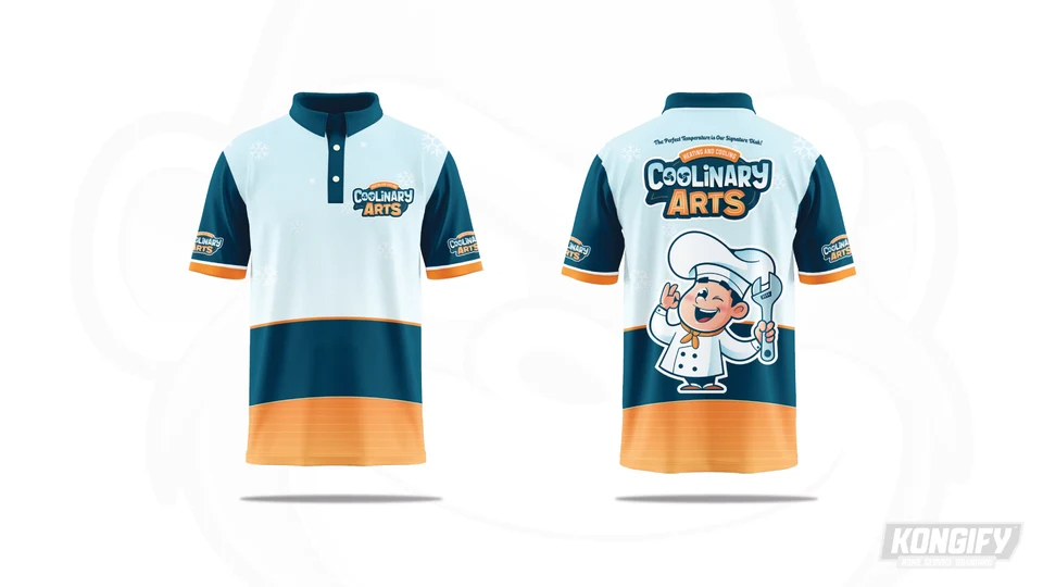 Coolinary Arts polo design with light blue and orange panels, navy sleeves, a small chest logo, and a large back graphic.