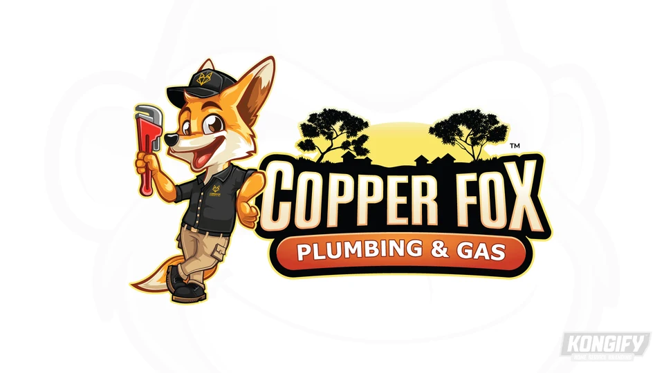 Copper Fox Plumbing and Gas logo with an orange fox in a black cap and work shirt, tan trousers, red pipe wrench, and cream name lettering beneath silhouetted trees and houses.