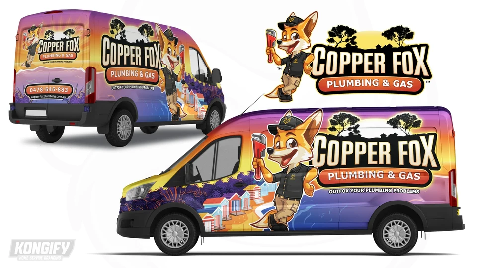 Copper Fox van wrap with a large fox mascot, orange-and-purple sunset, beach boxes, coastal plants, blue water, and large black-and-cream name badge.