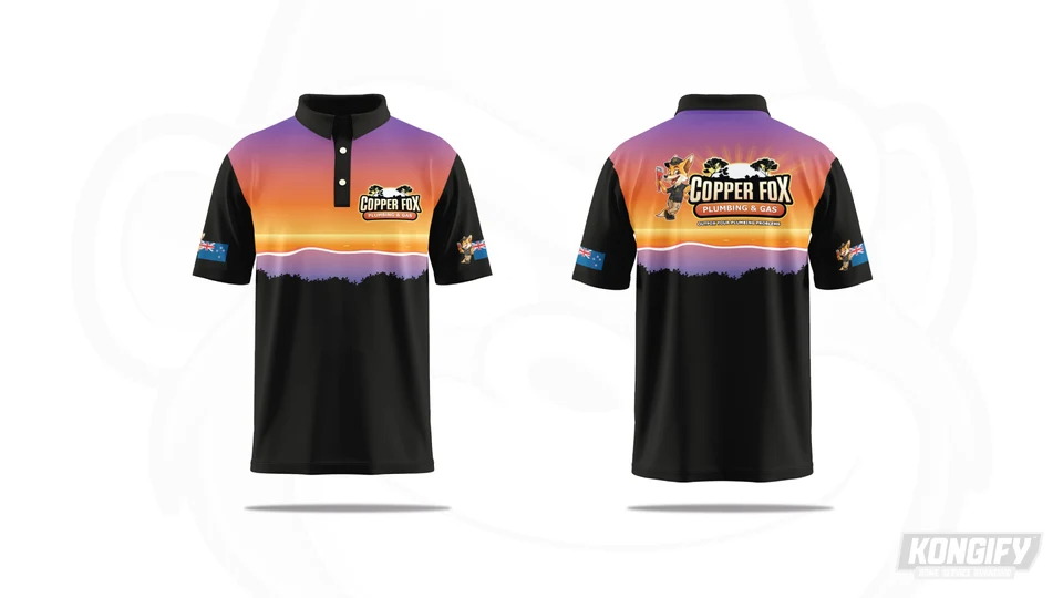 Copper Fox black polo with orange-and-purple sunset panels, a waterline and plant silhouettes, chest badge, larger fox-and-name design on the back, and sleeve graphics.
