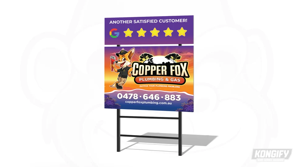 Copper Fox yard sign with fox mascot, sunset and tree silhouettes, Plumbing and Gas badge, phone number and website, and a separate star rider.