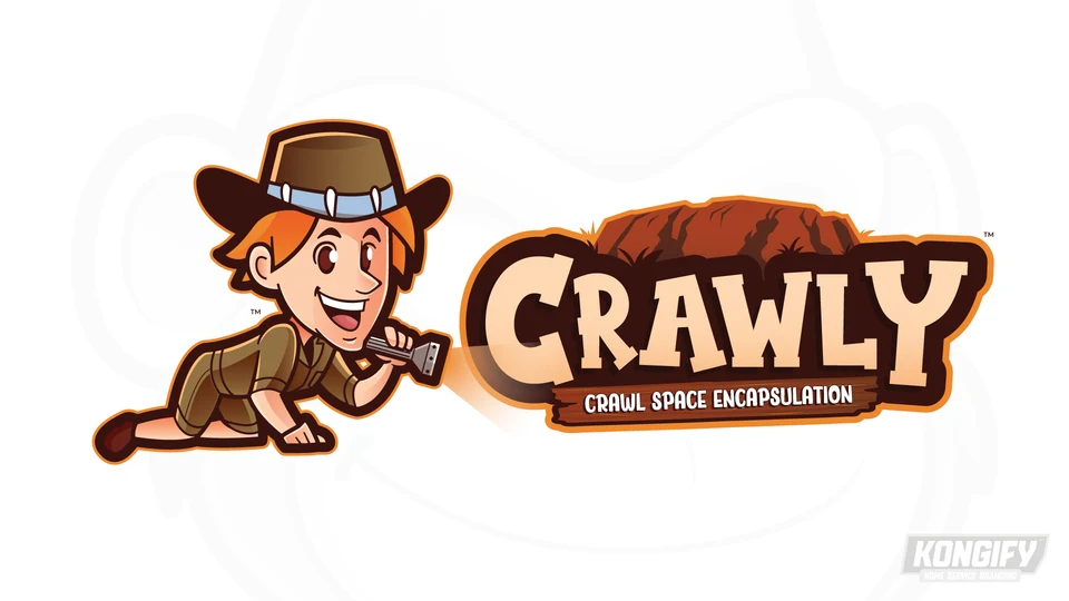 Crawly Crawl Space Encapsulation logo with a crawling explorer, a flashlight, cream lettering, and orange rock shapes.