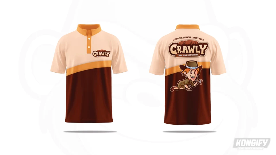 Crawly polo design with a cream upper section, orange band, dark brown lower section, and explorer graphic on the back.