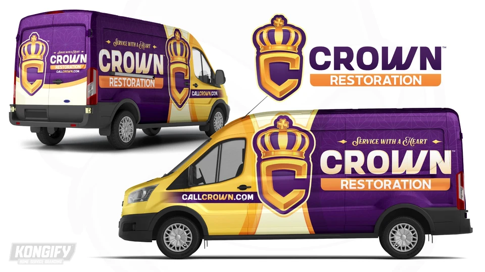 Crown Restoration van-wrap design with a large gold crown-and-C emblem and purple geometric background.