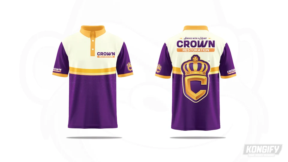 Front and back of the Crown Restoration polo design with cream panels, gold bands, and purple sleeves.