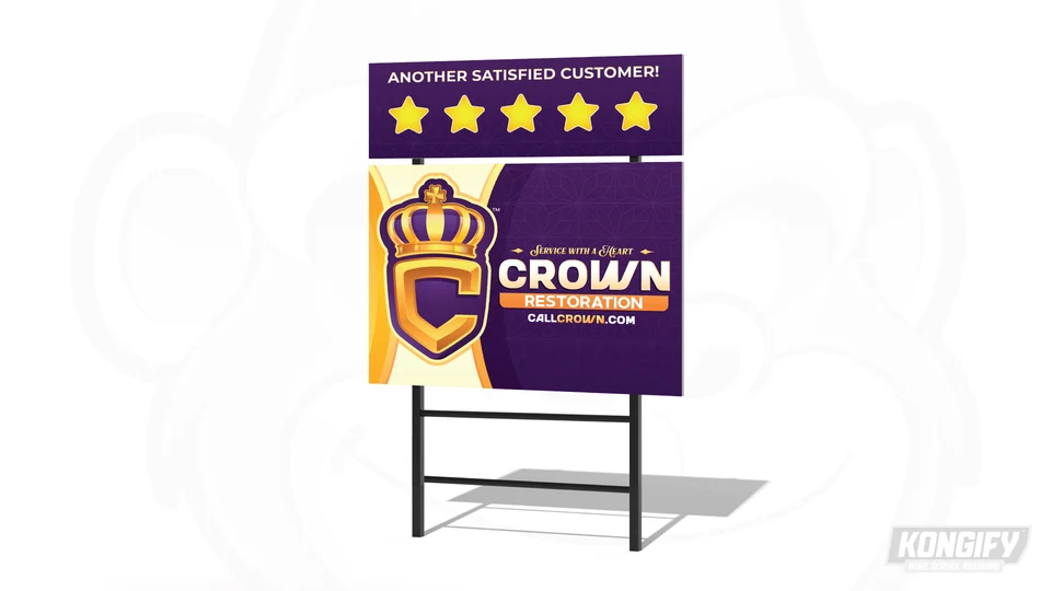 Crown Restoration yard-sign design mockup with its gold emblem, purple background, and website.