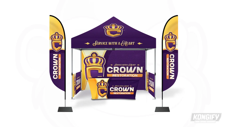 Crown Restoration canopy, flags, backdrop, and table-cover design in purple and gold.