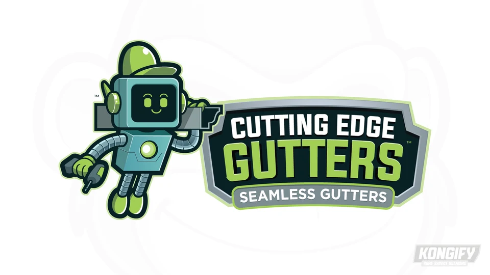 Cutting Edge Gutters logo with a smiling teal robot in a green cap, holding a drill and carrying a gutter section beside a dark badge.