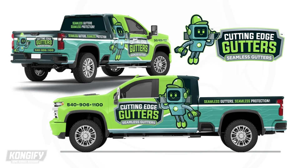 Cutting Edge Gutters pickup wrap design with a lime green front, teal bed, large robot, dark name badge, and light dividing lines.