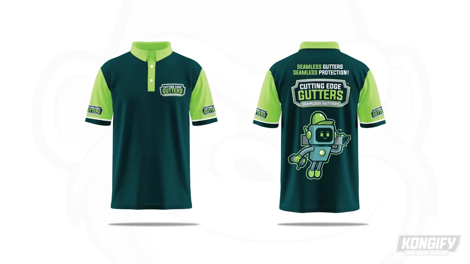 Cutting Edge Gutters polo design with a dark teal body, lime sleeves and collar, small chest badge, and large robot on the back.