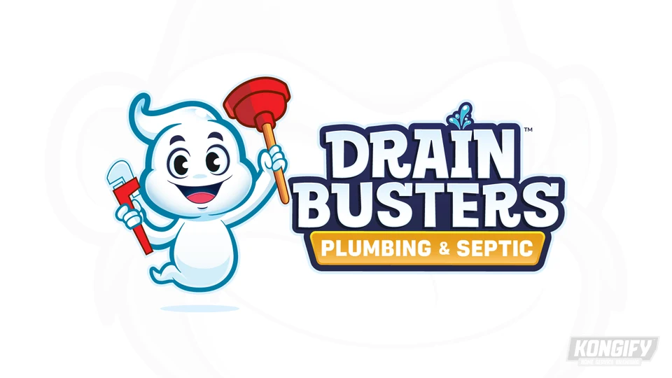 Drain Busters Plumbing & Septic logo with a smiling white ghost holding a red plunger and pipe wrench.