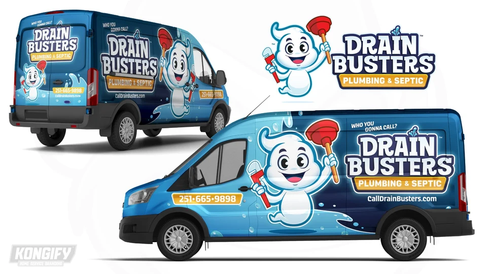 Drain Busters van-wrap design with a large ghost mascot, water splashes, and blue-and-gold panels.