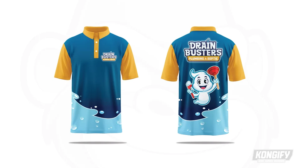 Front and back of the Drain Busters polo design with gold sleeves, blue panels, and a ghost mascot.