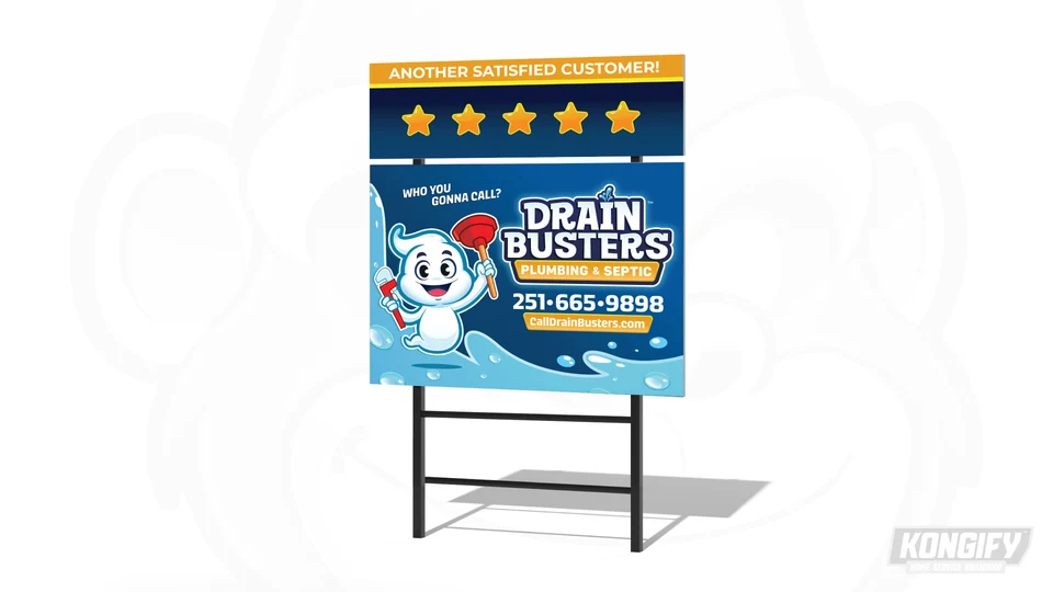 Drain Busters Plumbing & Septic yard-sign design mockup with Buster, water graphics, and contact details.