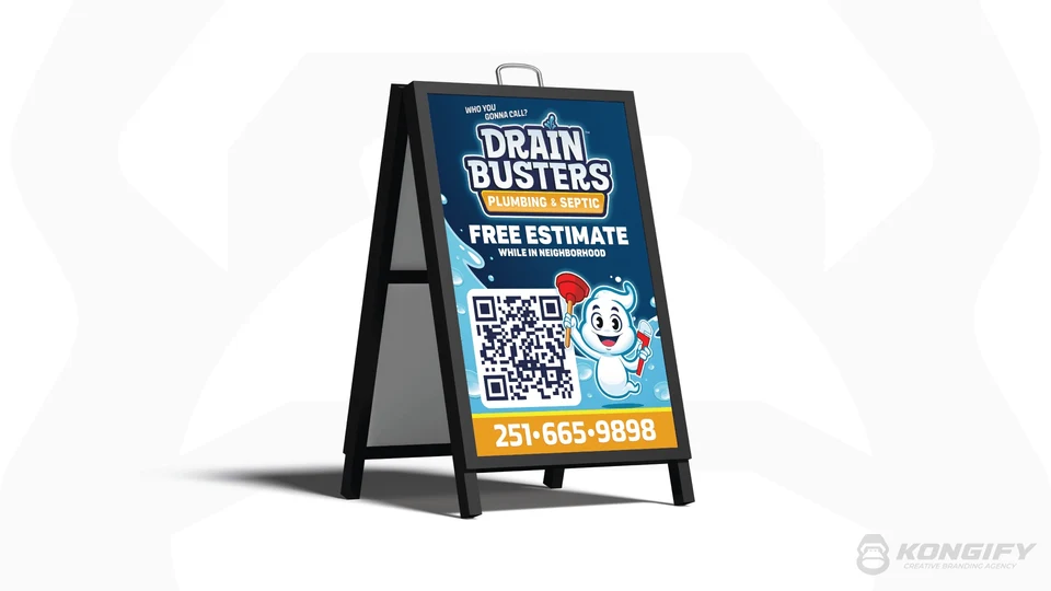 Drain Busters Plumbing & Septic A-frame sign artwork.