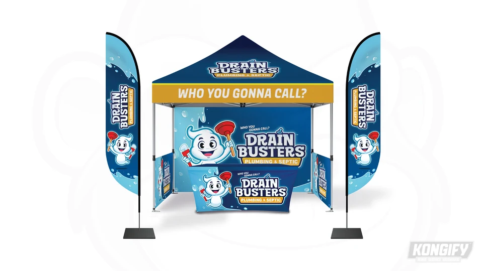 Drain Busters canopy, flags, backdrop, and table-cover design with Buster and blue water graphics.