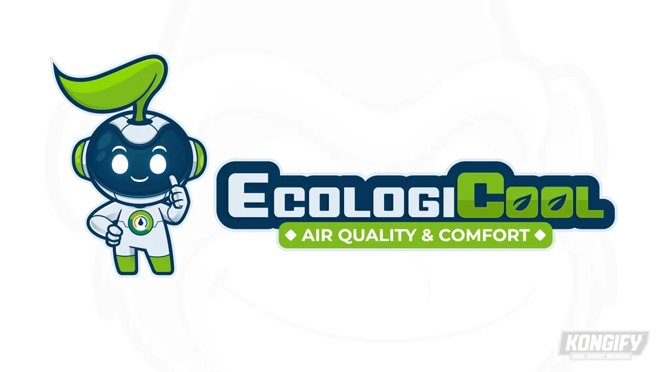 EcologiCool Air Quality & Comfort logo with a white robot, green leaf on its head, chest gauge, and leaf details inside the green Cool lettering.