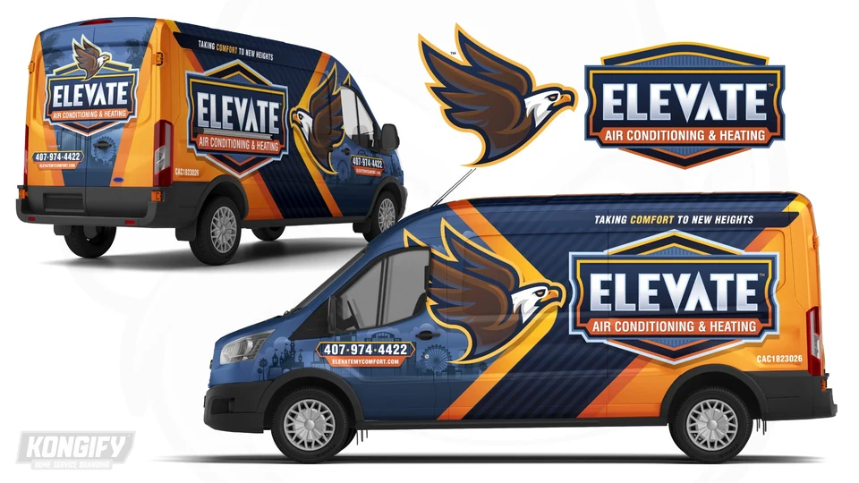 Elevate van-wrap design with a large eagle, navy-and-orange bands, and city silhouettes.