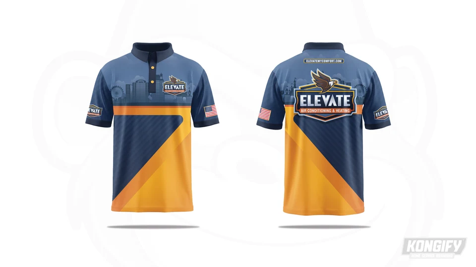 Front and back of the Elevate polo design with navy-and-orange panels, an eagle badge, and city graphics.