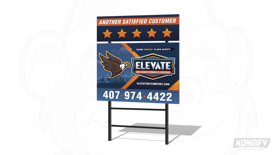 Elevate Air Conditioning & Heating yard-sign design mockup with its eagle, badge, and contact details.