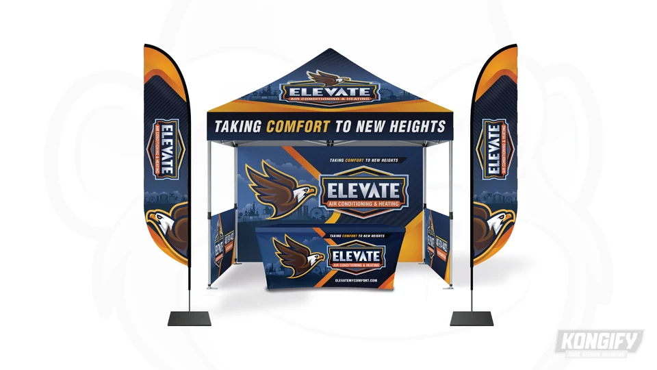 Elevate canopy, flags, backdrop, and table-cover design in navy, orange, and gold.