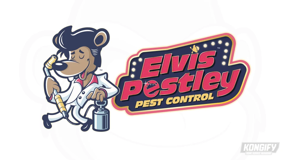 Elvis Pestley Pest Control logo with a singing rodent in a white suit, a spray wand, and red and gold lettering framed by lights.