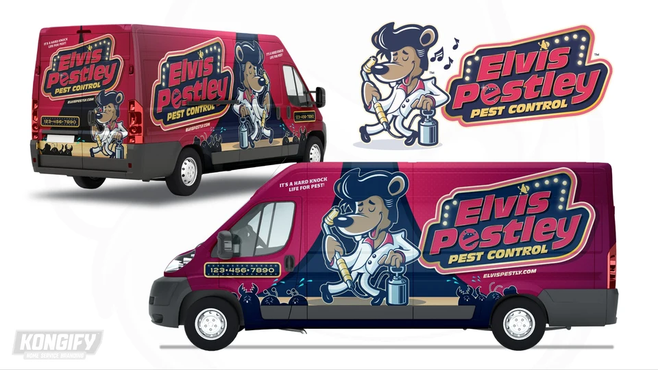 Elvis Pestley Pest Control vehicle wrap artwork.