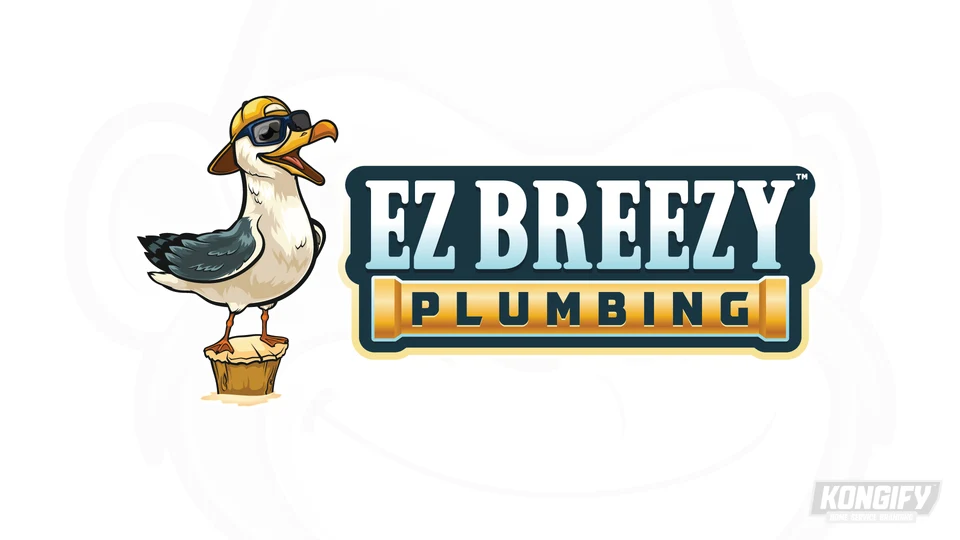 EZ Breezy Plumbing logo with a seagull wearing sunglasses and a backward yellow cap.