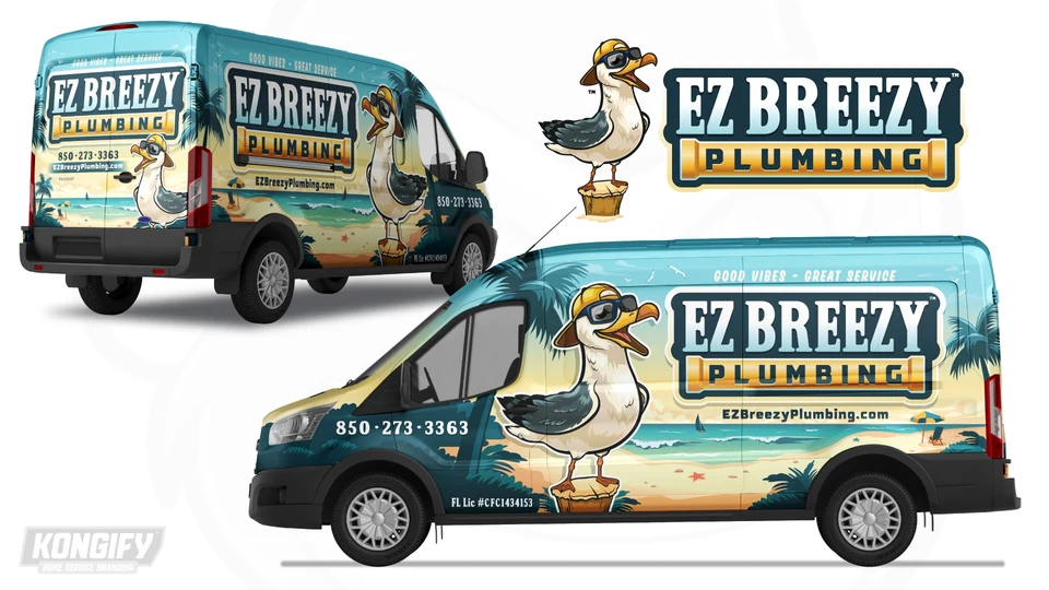 EZ Breezy Plumbing van-wrap design with a seagull, palm trees, ocean waves, and a sandy beach.
