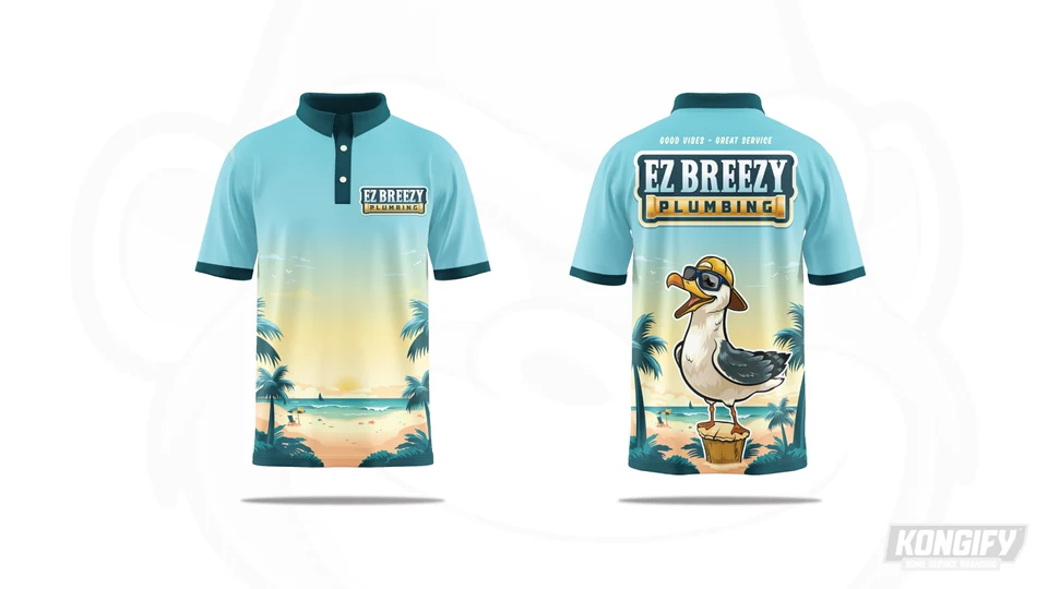 Front and back of the EZ Breezy Plumbing polo design with a beach scene and seagull mascot.