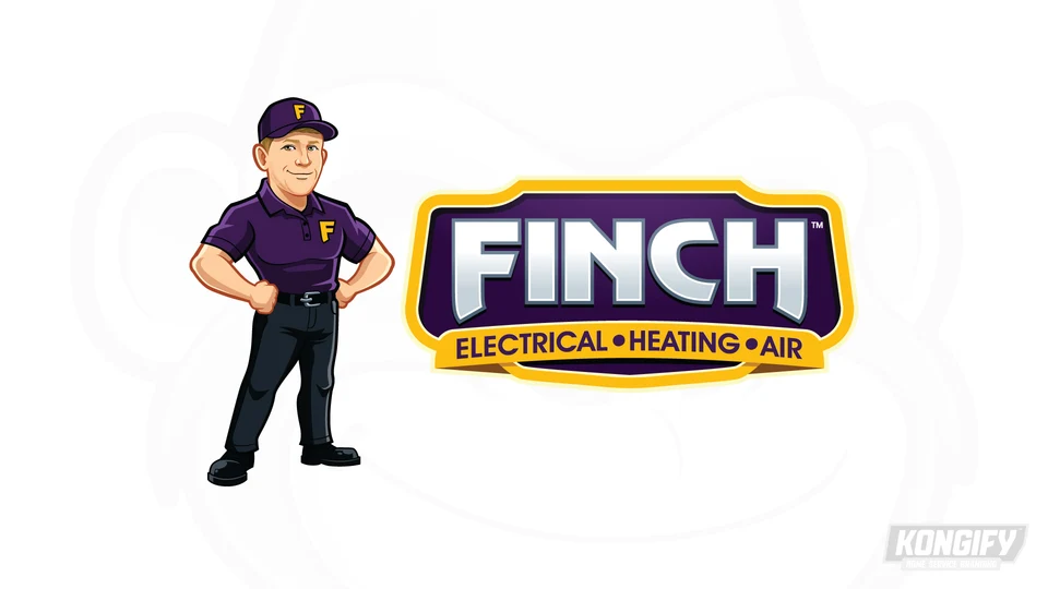 Finch logo with a technician in a purple F cap and polo beside silver lettering, a purple badge, and a gold Electrical, Heating, Air band.