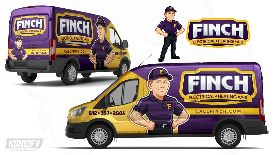 Finch van wrap with a gold front, purple rear, large technician character, silver name badge, and gold website band.