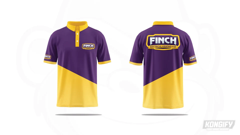 Finch purple polo with gold collar, cuffs, and lower panel, plus smaller chest and sleeve badges and a larger back badge.