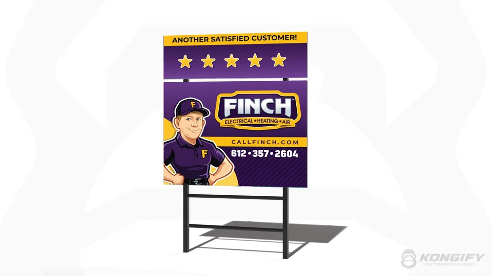 Finch yard sign with a technician beside the purple-and-gold name badge, website and phone number, and separate star rider.